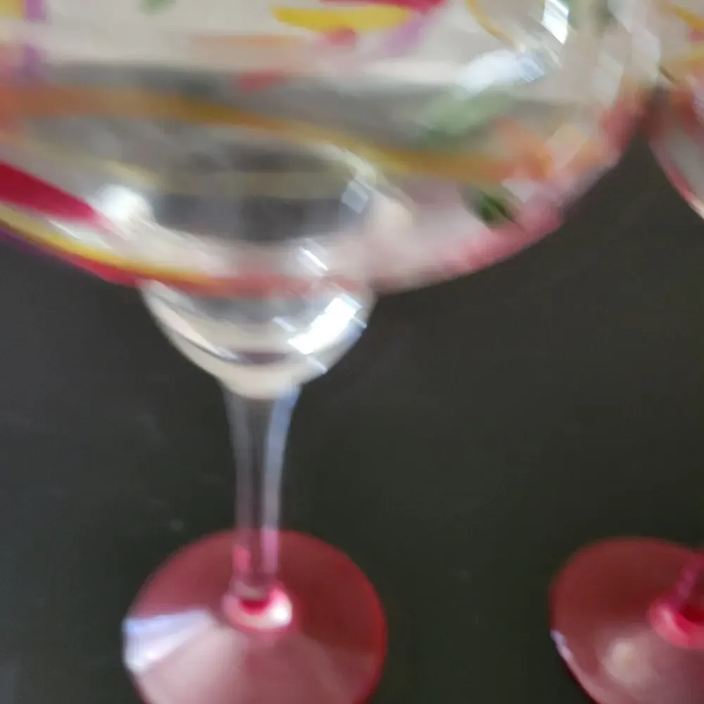 Margarita Glasses Etched Red Green Floral Leaf Design Hand Painted Nice Set of 2